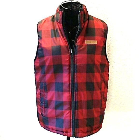Boys Reversible Vest Size Large Sherpa Fleece Buffalo Plaid Pockets Western - Picture 1 of 9